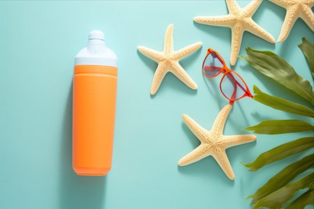 Chic Sunblock Bottle Rocking Shades: A Sunny Flat Lay featuring Starfish and Seashellsの素材