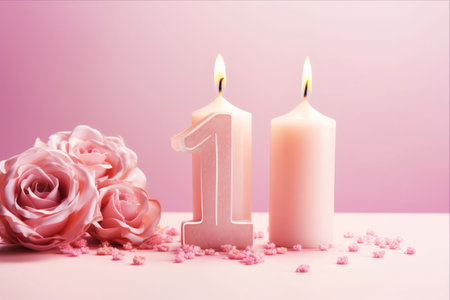 Joyful Celebration: Festive 91 Candle Design Adorns Pastel Pink Background with Vibrant Decorationsの素材