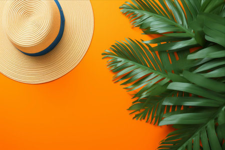 Sun-kissed Summer Vibes: An Artistic Card Design with Straw Hat, Sunglasses, Orange, and Palm Leafの素材