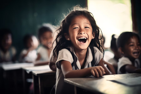 Capturing Joy: The Infectious Laughter of a Girl in the Classroom --ar 3:2の素材