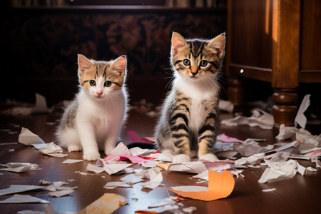 Cat and Kitten's Playtime Goes Awry: Chaos Ensues as Important Papers Get Shredded and Floors Turned into a Mess!の素材