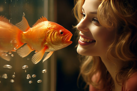 The Humorous Close-up: A Goldfish's Amusing Encounter with its Reflectionの素材