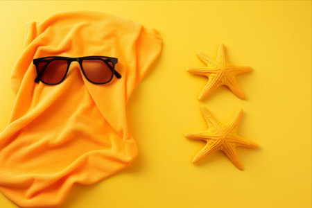 Underwater Essentials: Vibrant Yellow Background With Swimming Mask, Towel, and Starfishの素材
