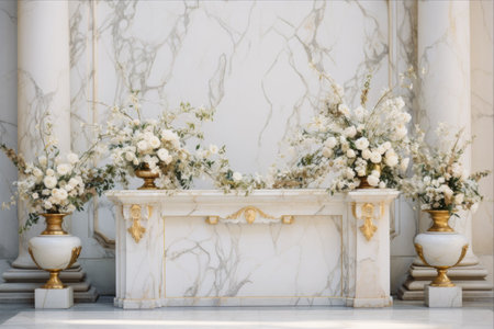 Golden Harmony: A Majestic Marriage of Floral Decor on White Marble --AR 3:2の素材