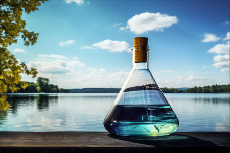 Aquatic Reflections: Water-filled Chemical Flask against a Serene Lakeside or River Sceneryの素材
