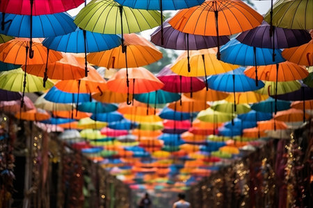 Vibrant Display: Exploring the Colorful World of Painted Umbrellas at the 2023 Indonesian Umbrella Festival in Solo Cityの素材
