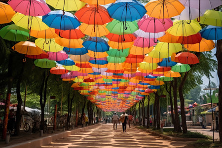 Vibrant Showcase: Unveiling the Colorful Painted Umbrellas at the 2023 Indonesian Umbrella Festival Exhibition in Solo Cityの素材