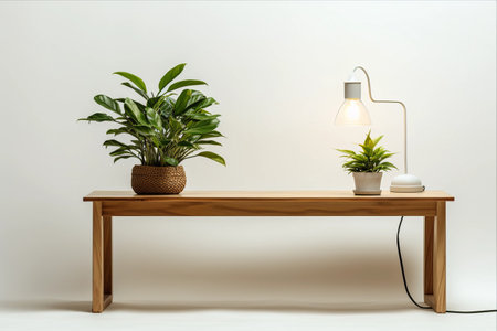 Perfectly Composed: An Aesthetic Fusion of Table, Houseplant, Soft Bench, and Lamp on a Sleek White Backgroundの素材