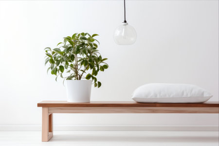 Aesthetic Home Decor: Harmonious Arrangement of a Table, Houseplant, Soft Bench, and Lamp on a Serene White Background - Captured in 3:2 Aspect Ratioの素材