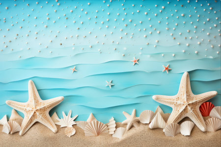 Seaside Serenity: Recycled Papercraft Starfish on Beach Backgroundの素材