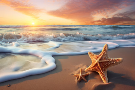 Enchanting Sunset: Silhouetted Starfish on a Golden Sand Beach, Caressed by Gentle Wavesの素材