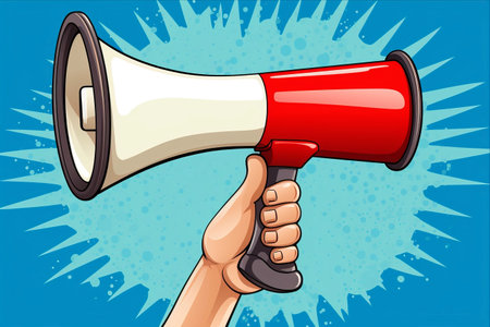 Captivating Announcement: Embrace the Unparalleled Advertising with Hand Holding Megaphone and Speech Bubble!の素材