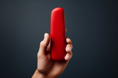 Holding Urgency: A vivid portrayal of a hand clutching a red exclamation pointの素材