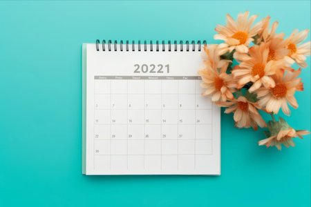 Efficiently Organizing Work and Life: Top-View of 2021 White Calendar for Appointment Scheduling and Timetable Management on Teal Backgroundの素材