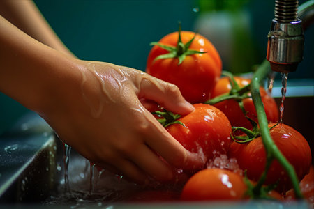 Fresh Tomato Cleaning: A Young Boy's Hands at Work in the Kitchenの素材