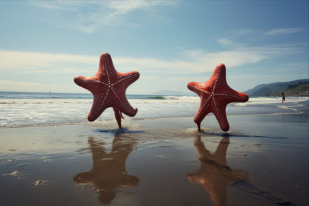 Surfing Under the Beach Sun: Two Starfish Catching Waves in a 3:2 Adventureの素材