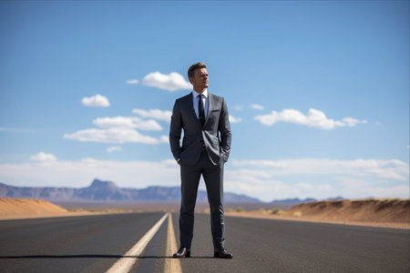 The Distinguished Journey: An Imposing Businessman on an Empty Roadの素材