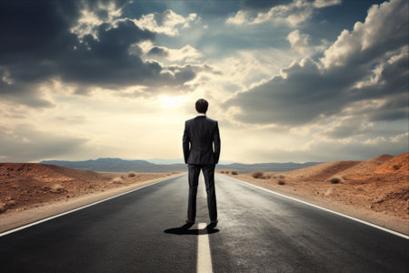 Confident Businessman Paving the Way on an Empty Roadの素材