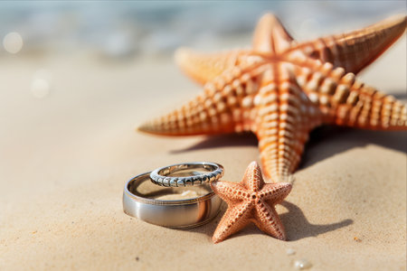 Love's Eternal Bond: Twin Starfish Adorn Two Wedding Rings on a Tropical Beachの素材