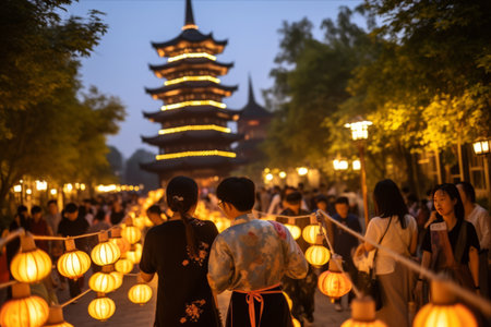 Stepping Back in Time: Tourists in Fancy Attire Capture the Spotlight at Dayan Pagoda and Datang Night City in Xi'anの素材