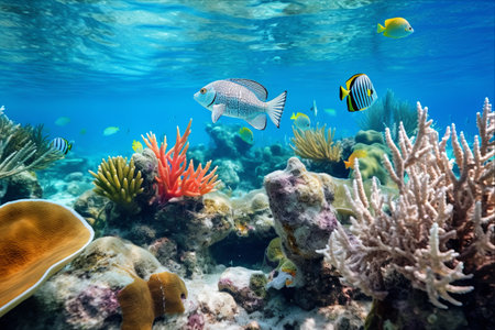 Exploring the Vibrant Underwater Life of the Caribbean Sea: The Enchanting Coral Reef Habitat and its Starfish, Sponge, Marine Worm, and Tropical Fishの素材
