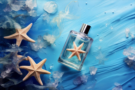 Aqua Dreams: AI-Generated Perfume Bottle featuring Starfish and Sea Shells on Blue Water Textureの素材