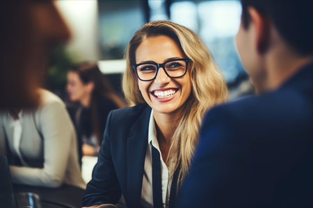 The Joyful Success: A Business Woman's Important Discussion and Endearing Smileの素材