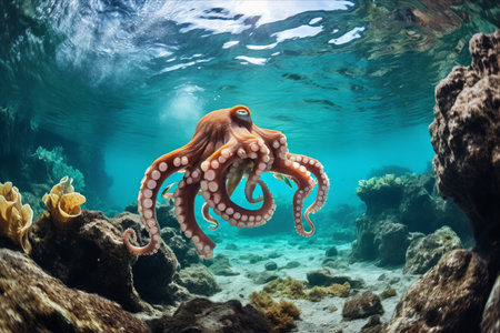 Mesmerizing Underwater Portrait: Capturing an Octopus's Grace in Exotic Emerald Seascapeの素材