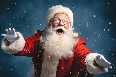 Christmas Joy: Santa Claus Spreads Cheer on Festive Blue Studio Setの素材