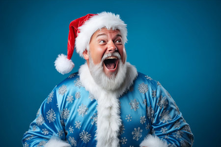 Blue Studio Bliss: Santa Claus Spreading Holiday Cheer in Traditional Costume. Countdown to Joyful Festivities, Winter Spirit, and Gift-Giving in 3:2 Aspect Ratioの素材