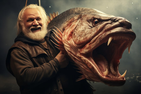 The Joyful Angler's Triumph: Capturing a Giant Fish in 3:2 Aspect Ratioの素材