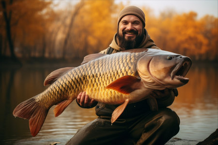 A Joyful Encounter: Fisherman Rejoices as He Captures Gigantic Carp (Cyprinus carpio)の素材