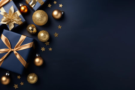 Festive Flair: A Captivating Christmas Background in Dark Blue, Adorned with Gift Boxes and Golden Baubles - A Versatile Flat Lay with Endless Possibilities! (AR 3:2)の素材