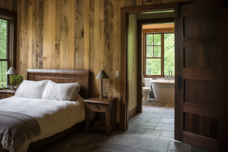 Rustic Elegance: Wooden Elements Adorn the Bedroom and Bathroom Doors in a Vermont Design Houseの素材