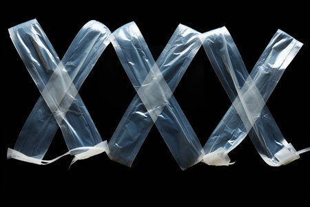 X Formation: Overlaying Transparent Tapes, Crumpled Plastic Snips, and Design Elements on a Black Backgroundの素材