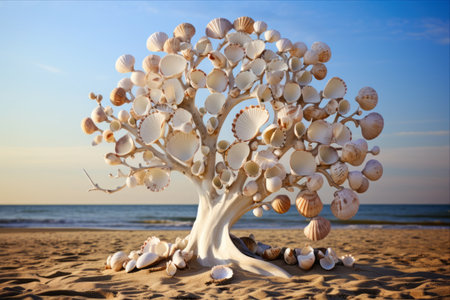 Artistic Reflections: The Majestic Tree of Seashells on the Sandy Shoreの素材