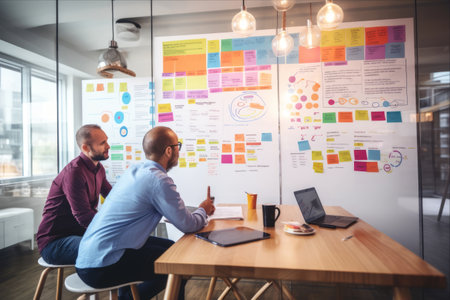 Collaborating on Mobile App Interface Design: A UX Developer and UI Designer's Dynamic Brainstorming Session at a Modern Office [AR 3:2]の素材