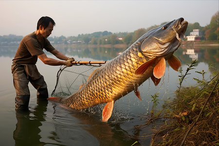 Mastering the Ancient Art of Carp Fishing: Harvesting Pond Carp with a Long Handle Net - AR 3:2の素材