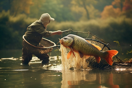 Carp Harvest: Mastering the Art of Pond Fishing with a Long-Handled Netの素材