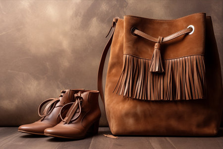 Chic and Trendy: Exploring the Allure of Brown Suede Fringed Bag and Leather Ankle Boots in a Stylish Female Ensembleの素材
