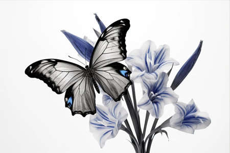 Exquisite Monochrome Contrast: Captivating Tropical Morpho Butterfly Alights on White Iris Flower - AR 3:2の素材