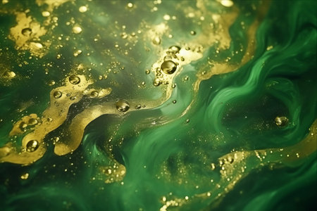 Mesmerizing Depth of Golden Particles in Vibrant Green Liquid: A Shimmering Iridescent Journey â AR 3:2の素材