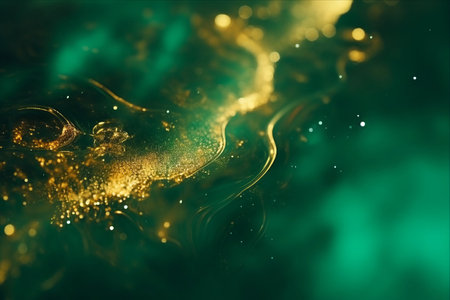 Enchanting Iridescent Visual Symphony: A Captivating Blend of Golden Particles and Green Fluid in Mesmerizing Depthの素材