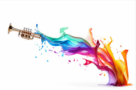 Symphony of Color: Vibrant Trumpets against Serene White Backgroundの素材