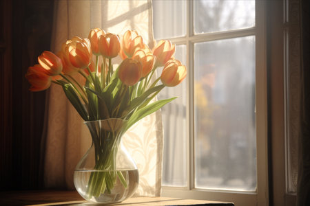 A Mesmerizing Display: Luminescent Light Rays Grace a Tulip Vase Through a Window - AR 3:2の素材