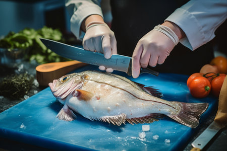 The Art of Precision: A Skilled Fishmonger Expertly Filleting John Dory Fishの素材