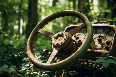 Contrasting Beauty: The Tender Touch of a Wooden Hand on an Aged, Rusty Steering Wheel Amidst Lush Greenery - AR 3:2の素材