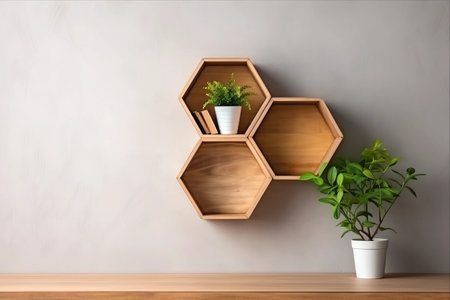 Hexagonal Wooden Shelf: Embrace Minimalistic Beauty with Little Tree, Books & Decorations - Perfect Mock-Up, Copy Space Included! (AR 3:2)の素材