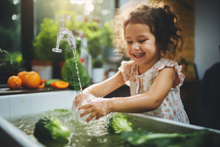 Promoting Health and Hygiene: A Little Girl's Contribution to a Nutritious Family Dinnerの素材