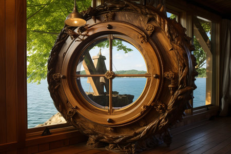 Exquisite Nautical Charm: AR 3:2 Wooden Pirate Ship Cabin with Round Frame Glass Windowの素材